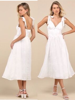 NWT Lulu’s Aero White Embroidered Tie-Strap A-Line Midi Dress Extra Large Chic